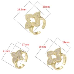 Four Leaf Clover Open Ring For Women In Copper With 18K Real Gold Plated Finish 0.03µm Featuring Zircon Inlay 4