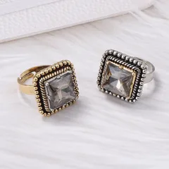 Geometric Adjustable Ring For Women In Golden Zinc Alloy With Electroplated Finish And Rhinestone Inlay 2