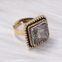 Geometric Adjustable Ring For Women In Golden Zinc Alloy With Electroplated Finish And Rhinestone Inlay 3