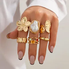 Geometric Rings For Women, 6 Pieces, Gold KC Golden Plated With 0.01µm Thickness Featuring Natural Stone Inlay