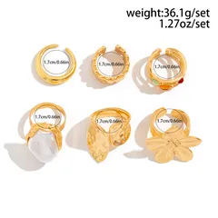 Geometric Rings For Women, 6 Pieces, Gold KC Golden Plated With 0.01µm Thickness Featuring Natural Stone Inlay 3