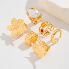 Geometric Rings For Women, 6 Pieces, Gold KC Golden Plated With 0.01µm Thickness Featuring Natural Stone Inlay 4