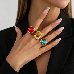 Geometric Gold Rings For Women 3 Pieces Set Featuring Electroplated Resin Inlay Material