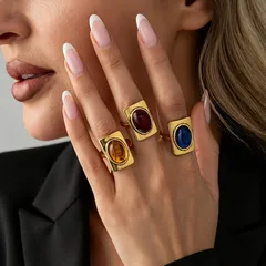 Geometric Gold Rings For Women 3 Pieces Set Featuring Electroplated Resin Inlay Material 2