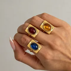 Geometric Gold Rings For Women 3 Pieces Set Featuring Electroplated Resin Inlay Material 3