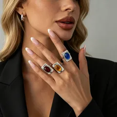 Geometric Gold Rings For Women 3 Pieces Set Featuring Electroplated Resin Inlay Material 4