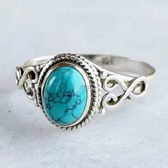 Geometric Green Alloy Ring For Women Featuring Antique Silver Plated Electroplated Finish With Turquoise Inlay