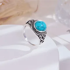 Geometric Green Alloy Ring For Women Featuring Antique Silver Plated Electroplated Finish With Turquoise Inlay 2