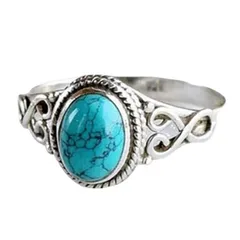 Geometric Green Alloy Ring For Women Featuring Antique Silver Plated Electroplated Finish With Turquoise Inlay 3