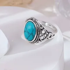 Geometric Green Alloy Ring For Women Featuring Antique Silver Plated Electroplated Finish With Turquoise Inlay 4