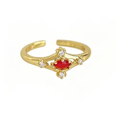 Geometric Open Ring For Women In Copper Alloy With Zircon Inlay, Vintage Style, Wine Red 5