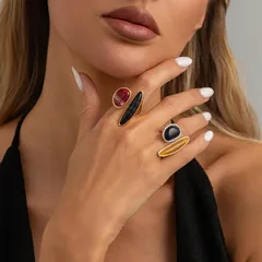 Geometric Open Rings For Women In Gold Zinc Alloy Featuring Real Gold Plated Electroplated Finish With Agate Inlay