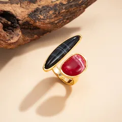 Geometric Open Rings For Women In Gold Zinc Alloy Featuring Real Gold Plated Electroplated Finish With Agate Inlay 4