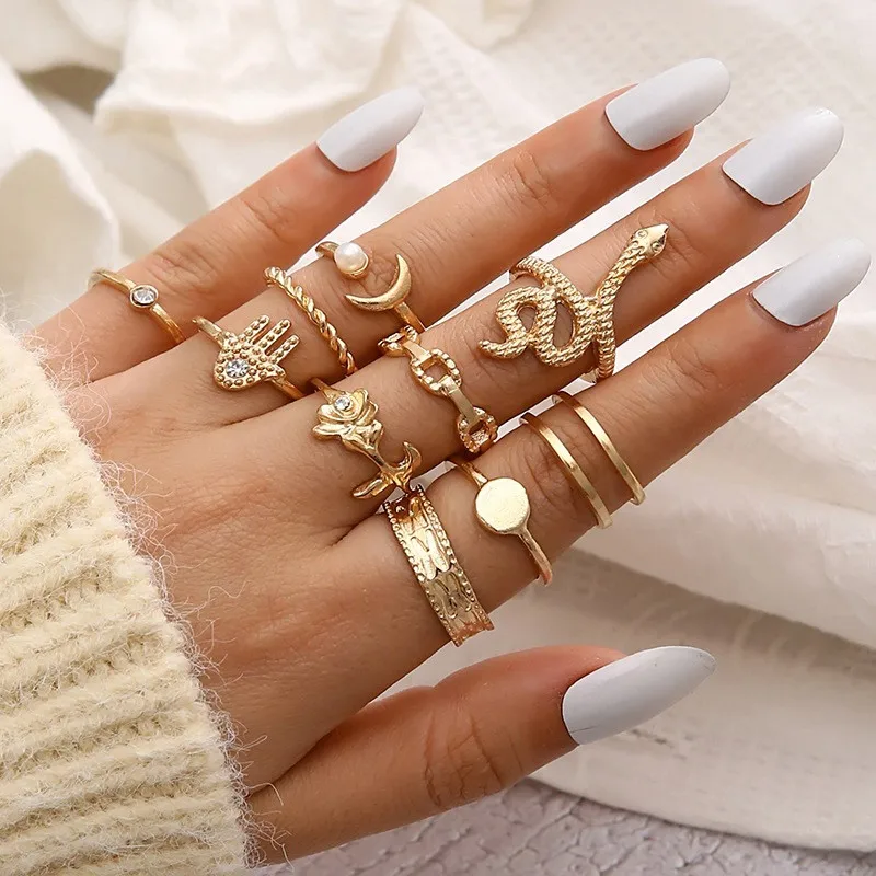 Geometric Open Rings For Women In Gold With KC Golden Plated 0.03µm-0.05µm Thickness Featuring Artificial Pearl, 1 Set 5