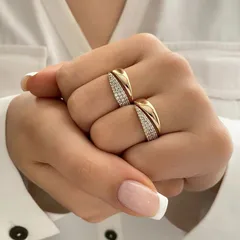 Geometric Open Rings For Women In Simple Style, Gold Zinc Alloy With Electroplated Finish And Rhinestones Inlay