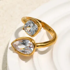 Geometric Open Rings For Women In 316L Stainless Steel With 18K Real Gold Plated Electroplated Finish And Zircon Inlay