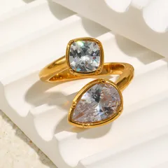 Geometric Open Rings For Women In 316L Stainless Steel With 18K Real Gold Plated Electroplated Finish And Zircon Inlay 3