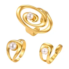 Geometric Open Rings For Women In 201 Stainless Steel With 18K Real Gold Plated Coating 0.03µm Featuring Imitation Pearl