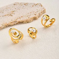Geometric Open Rings For Women In 201 Stainless Steel With 18K Real Gold Plated Coating 0.03µm Featuring Imitation Pearl 2