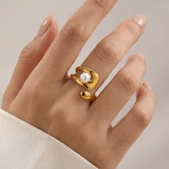 Geometric Open Rings For Women In 201 Stainless Steel With 18K Real Gold Plated Coating 0.03µm Featuring Imitation Pearl 3