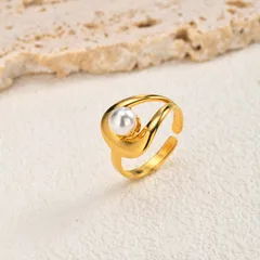 Geometric Open Rings For Women In 201 Stainless Steel With 18K Real Gold Plated Coating 0.03µm Featuring Imitation Pearl 4