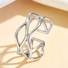 Geometric Open Rings For Women In Steel Color Metal Featuring 18K Real Gold Plated And PVD Coated Finish 4