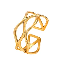 Geometric Open Rings For Women In Steel Color Metal Featuring 18K Real Gold Plated And PVD Coated Finish 5