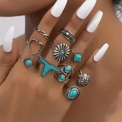 Geometric Pattern Electroplated Metal Ring Set Elegant Western Cowboy Style Turquoise Decorated Rings For Women Vintage Look