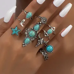Geometric Pattern Electroplated Metal Ring Set Elegant Western Cowboy Style Turquoise Decorated Rings For Women Vintage Look 2