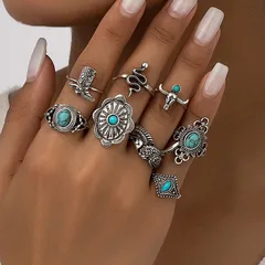 Geometric Pattern Electroplated Metal Ring Set Elegant Western Cowboy Style Turquoise Decorated Rings For Women Vintage Look 3