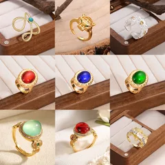 Geometric Red Ring For Women, 18K Real Gold Plated With 0.03µm-0.05µm Thickness, Featuring Glass Inlay, 1 Piece