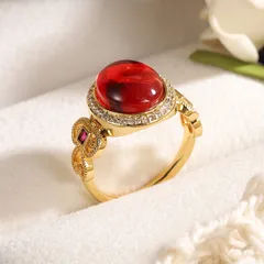 Geometric Red Ring For Women, 18K Real Gold Plated With 0.03µm-0.05µm Thickness, Featuring Glass Inlay, 1 Piece 3