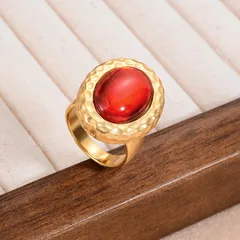 Geometric Red Ring For Women, 18K Real Gold Plated With 0.03µm-0.05µm Thickness, Featuring Glass Inlay, 1 Piece 5