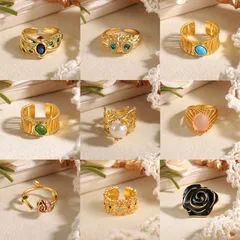 Geometric Rings For Women In Natural Pink, 1 Pair Featuring 18K Real Gold Plated With 0.03µm-0.05µm Thickness And Glass Inlay