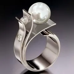 Geometric Silver Ring For Women Featuring White K Plated 0.03µm Thickness And Artificial Pearl Inlay, 1 Piece For Valentine's Day
