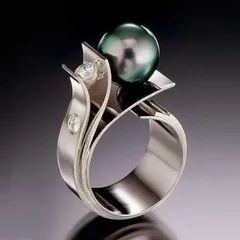 Geometric Silver Ring For Women Featuring White K Plated 0.03µm Thickness And Artificial Pearl Inlay, 1 Piece For Valentine's Day 2
