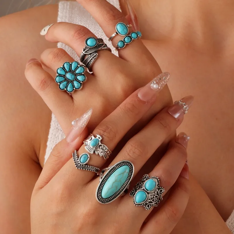 Set Of 8 Geometric Silver Rings For Women In Alloy With KC Golden Plated Coating Thickness 0.01µm 4