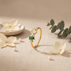 Geometric Electroplated 304 Stainless Steel Rings For Women With 18K Real Gold Plated Coating 0.03µm-0.05µm Featuring Pearl Inlay 4