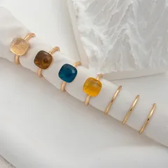 Geometric Rings For Unisex Featuring Electroplated Golden Metal With Resin Inlay, Set Of 7 Pieces