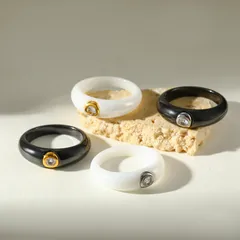 Geometric White Ceramic Ring For Women Featuring 18K Real Gold Plated Coating 0.03µm With Zircon Inlay, 1 Piece