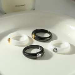 Geometric White Ceramic Ring For Women Featuring 18K Real Gold Plated Coating 0.03µm With Zircon Inlay, 1 Piece 2