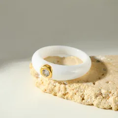 Geometric White Ceramic Ring For Women Featuring 18K Real Gold Plated Coating 0.03µm With Zircon Inlay, 1 Piece 4