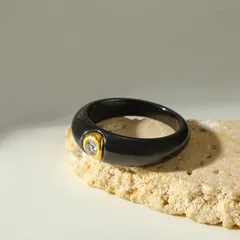 Geometric White Ceramic Ring For Women Featuring 18K Real Gold Plated Coating 0.03µm With Zircon Inlay, 1 Piece 5