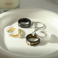 Geometric White Ceramic Ring For Women, 1 Piece, 18K Real Gold Plated With 0.03µm Thickness And Zircon Inlay