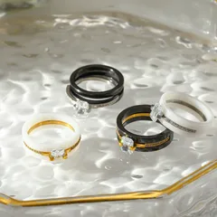 Geometric White Ceramic Ring For Women, 1 Piece, 18K Real Gold Plated With 0.03µm Thickness And Zircon Inlay 2