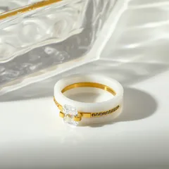 Geometric White Ceramic Ring For Women, 1 Piece, 18K Real Gold Plated With 0.03µm Thickness And Zircon Inlay 5