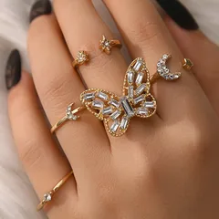 Set Of 5 Gold Alloy Star Rings For Women With Rhinestones, Featuring 0.01µm Coating Thickness
