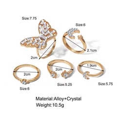 Set Of 5 Gold Alloy Star Rings For Women With Rhinestones, Featuring 0.01µm Coating Thickness 2