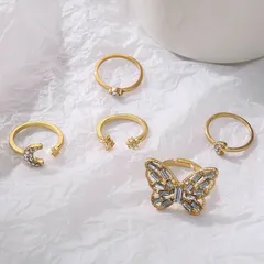 Set Of 5 Gold Alloy Star Rings For Women With Rhinestones, Featuring 0.01µm Coating Thickness 5