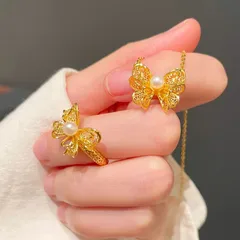 Luxurious Gold Butterfly Ring For Women With Electroplated Finish And Imitation Pearl Inlay